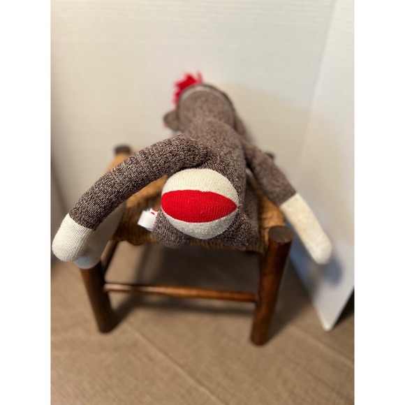Schylling Sock Monkey Plush Toy Stuffed Animal Red Pom Pom Hat Brown White - Picture 4 of 8